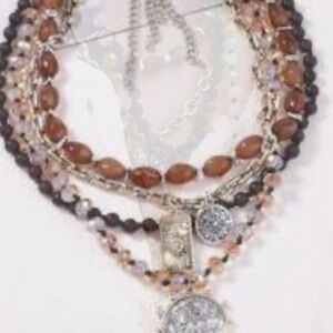 Elegant Multi-Layered Brown and Silver Necklace with medallion‎